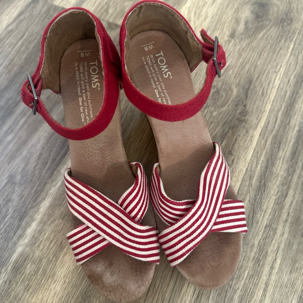 TOMS Red and White Striped Wedges